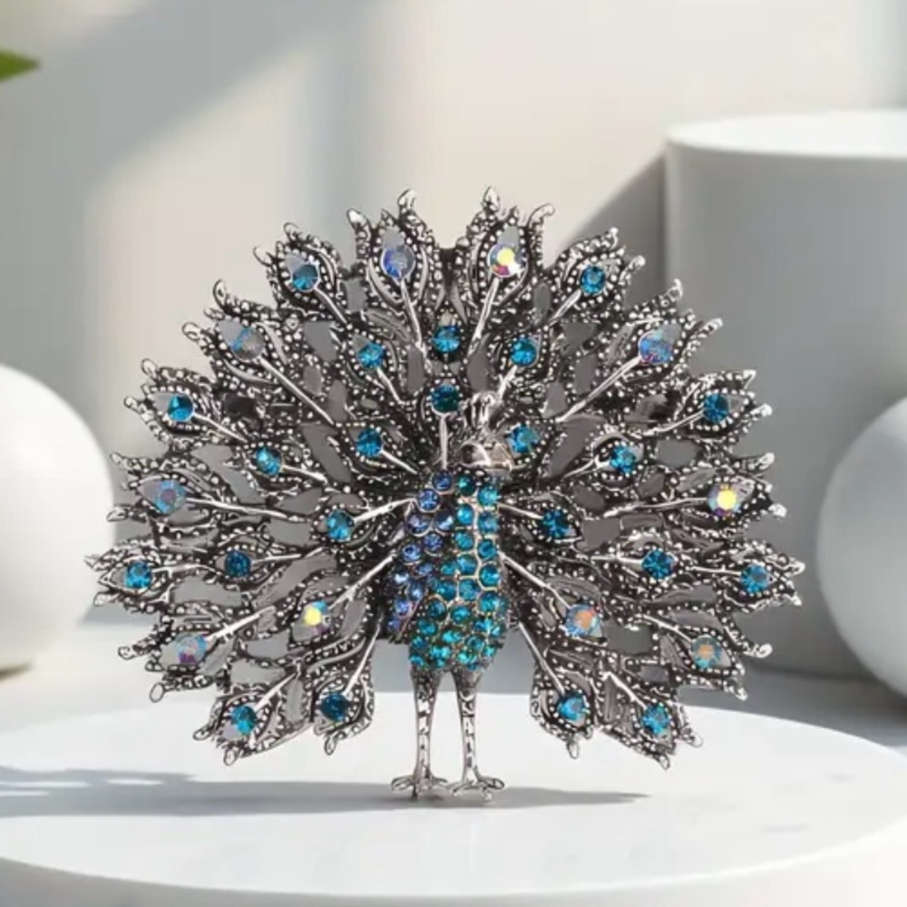 Baroque Aqua Blue Peacock Rhinestones Brooch, Lapel Pin or Pendant for Necklace